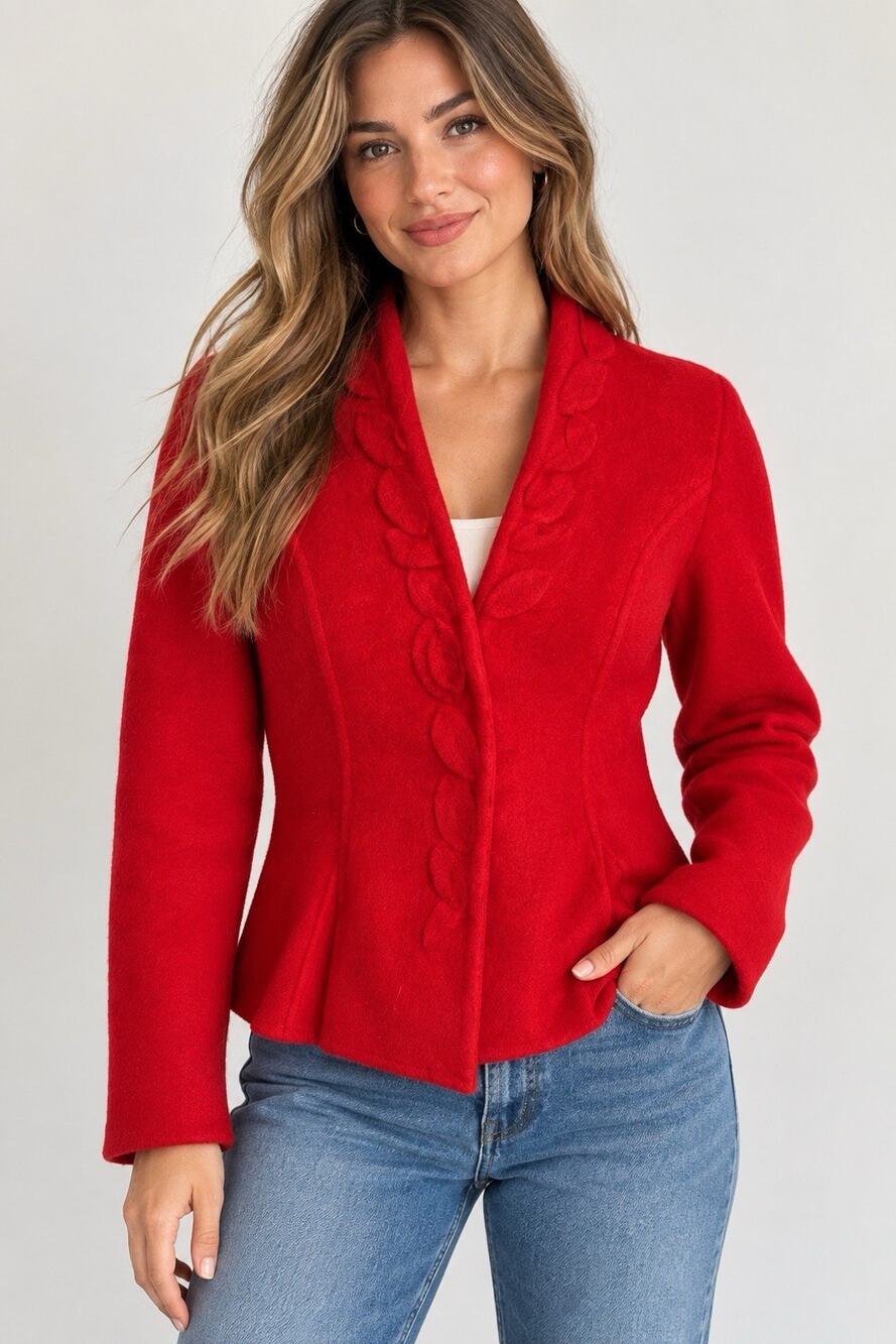 Thistle & Lavender Womens M Red 100% Wool Jacket Ruffle Snap Front Anthropologie